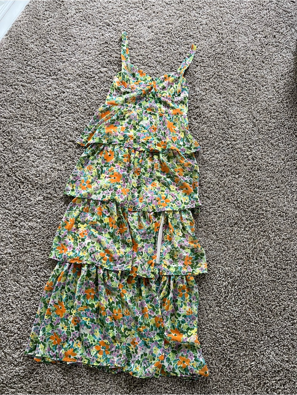 Astr Floral Tiered Dress in Orange, Green & Purple - Picture 3 of 4